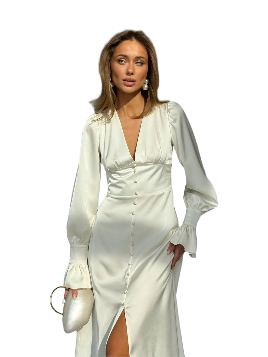 Woman wearing a white dress with long sleeves on a white background