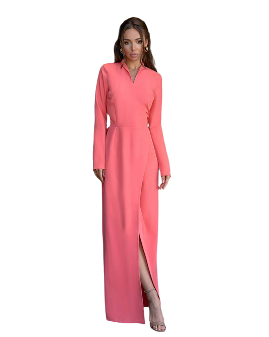 Elegant Long Sleeve Dress with Collar and Side Slit for Stylish Occasions