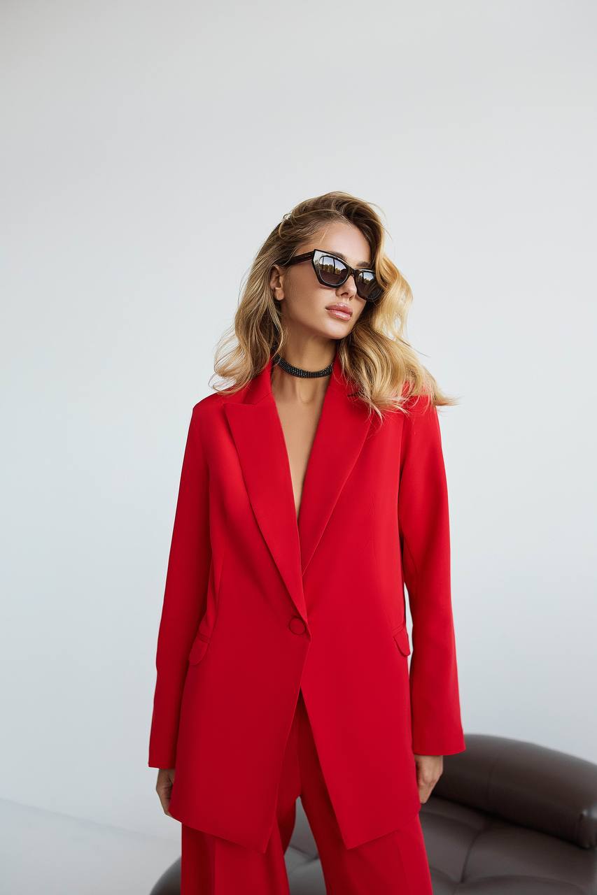 Red Diagonal Crepe Palazzo Suit Women Tailored Blazer Wide Leg Pants