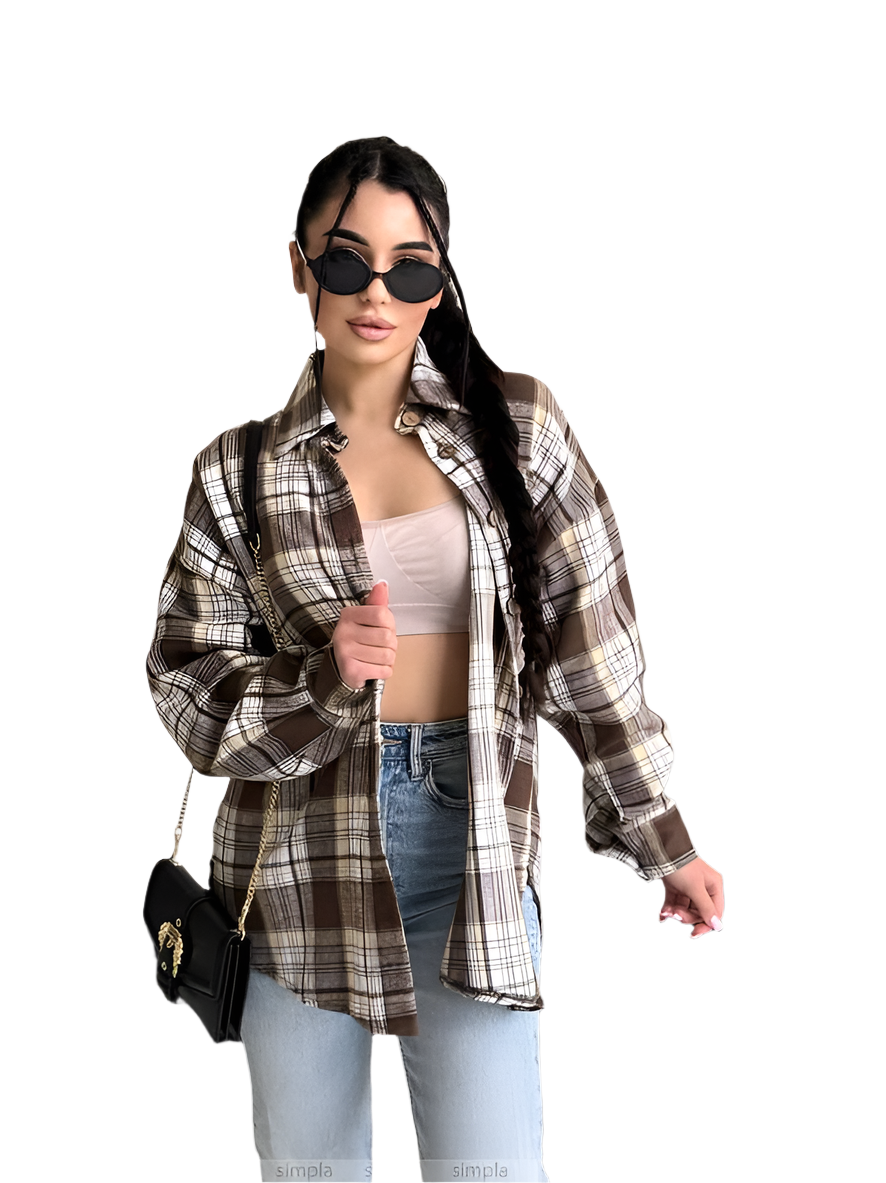 Trendy Loose Fit Brown Checkered Flannel Shirt