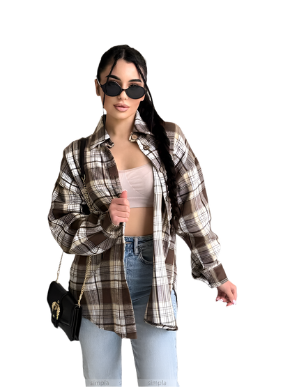 Trendy Loose Fit Brown Checkered Flannel Shirt