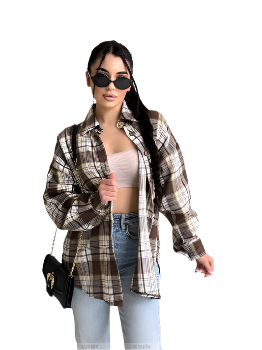 Trendy Loose Fit Brown Checkered Flannel Shirt