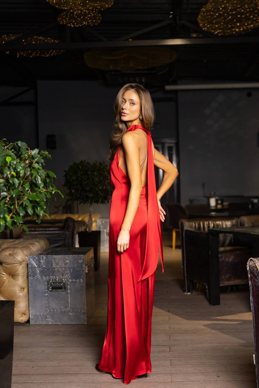 Woman in a red dress standing in an indoor setting with decor elements.
