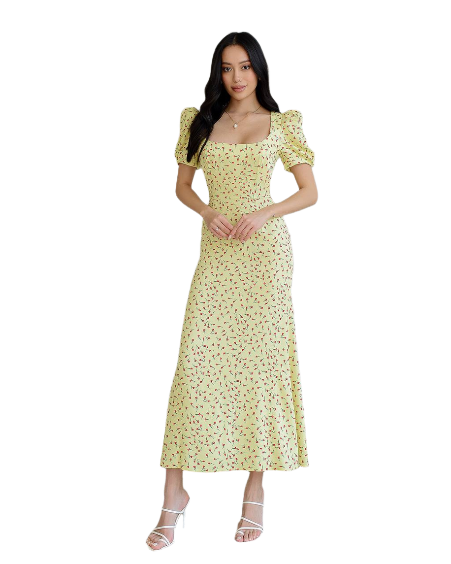 Womens Midi Dress Dense Staple Twill Tulip Print Puff Sleeves