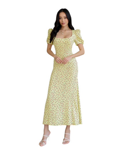 Womens Midi Dress Dense Staple Twill Tulip Print Puff Sleeves