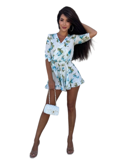 Womens Floral Print Jumpsuit with Ruffled Hem and Half Sleeves