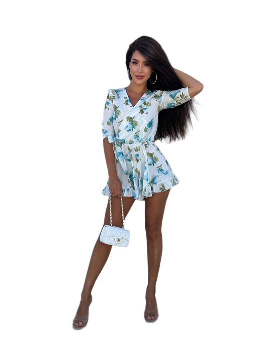 Womens Floral Print Jumpsuit with Ruffled Hem and Half Sleeves