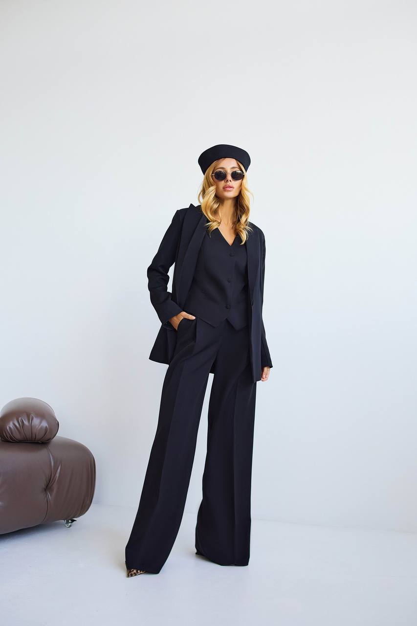 Black Women's Three Piece Suit Diagonal Crepe Lined Vest Jacket Trousers