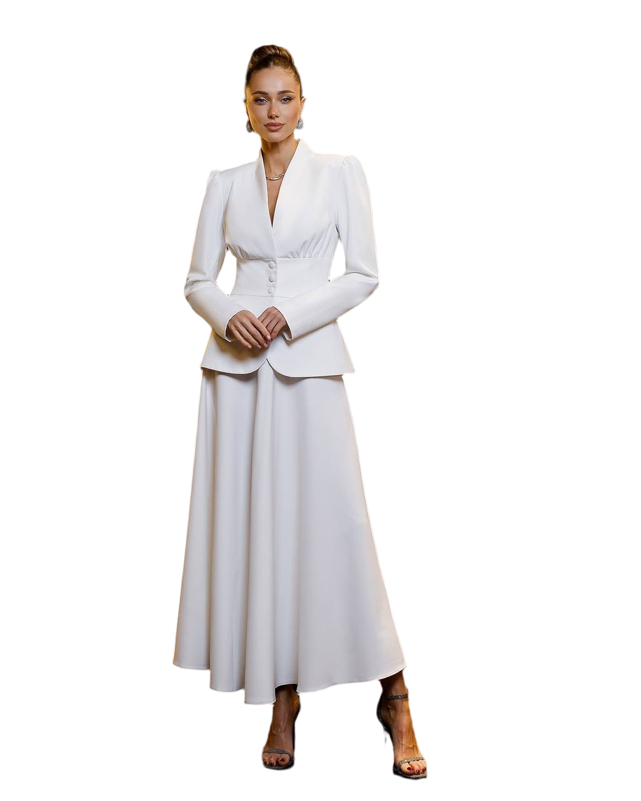 Womens Premium Crepe Diagonal Suit Jacket with Skirt Set in Milk Color
