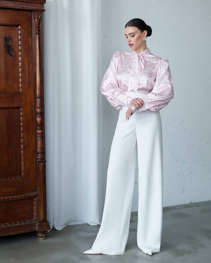 Elegant Wide Leg Trousers with Draped Top in Premium Diagonal Suiting Crepe