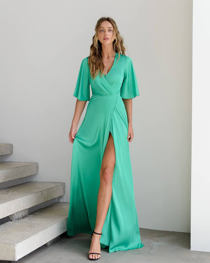 Elegant Long Sleeve Silk Dress with Pockets in Green, Beige, or Graphite for Special Occasions