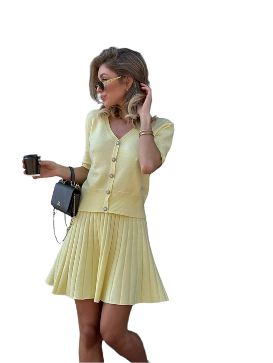 Womens Yellow Lulu Suit Top and Pleated Skirt Set