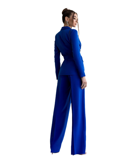 Woman wearing a blue suit on a white background