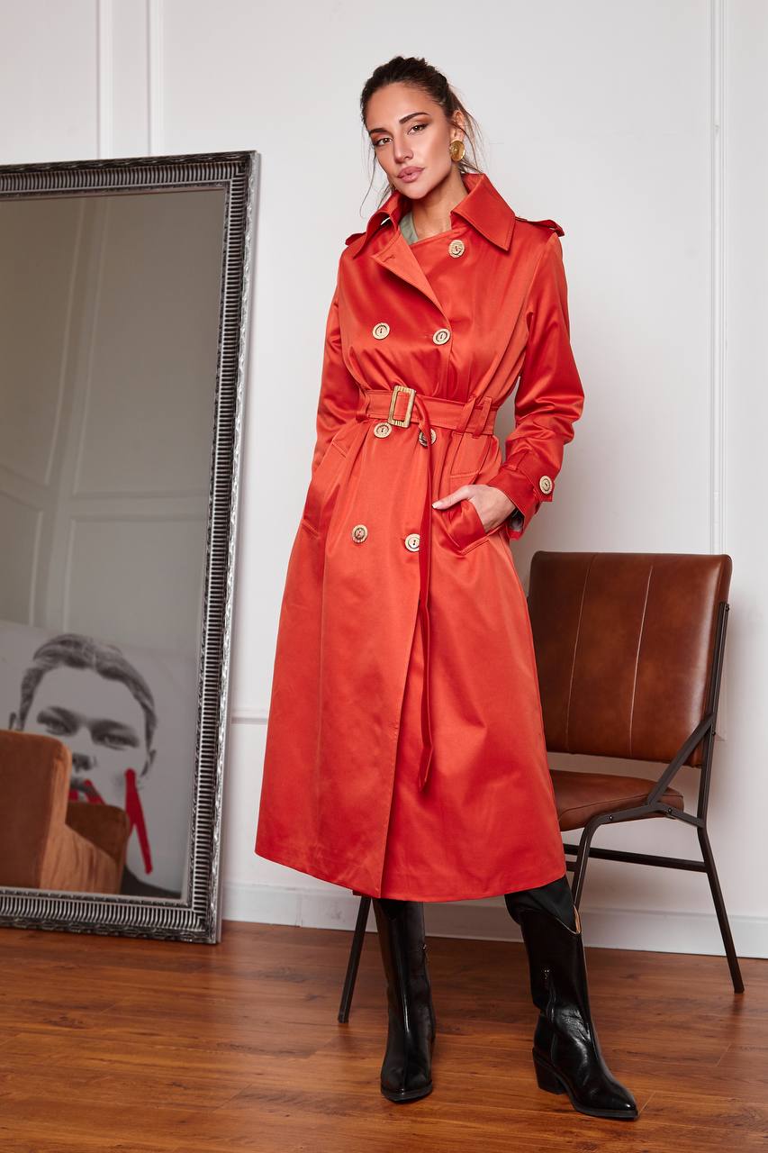 Stylish Red Trench Coat with Pockets and Belt for Women's Fashion