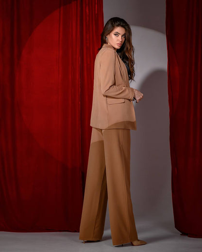 Stylish Beige Suit Set with Belted Jacket and Wide Leg Pants