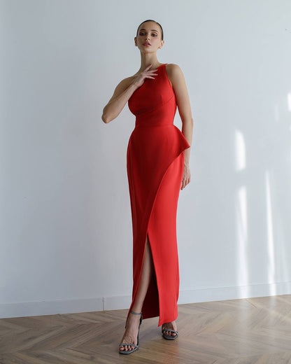 One Shoulder Red Midi Dress with Side Slit