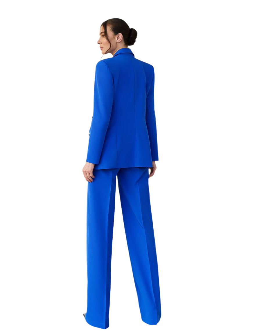 Woman wearing a blue suit on a white background