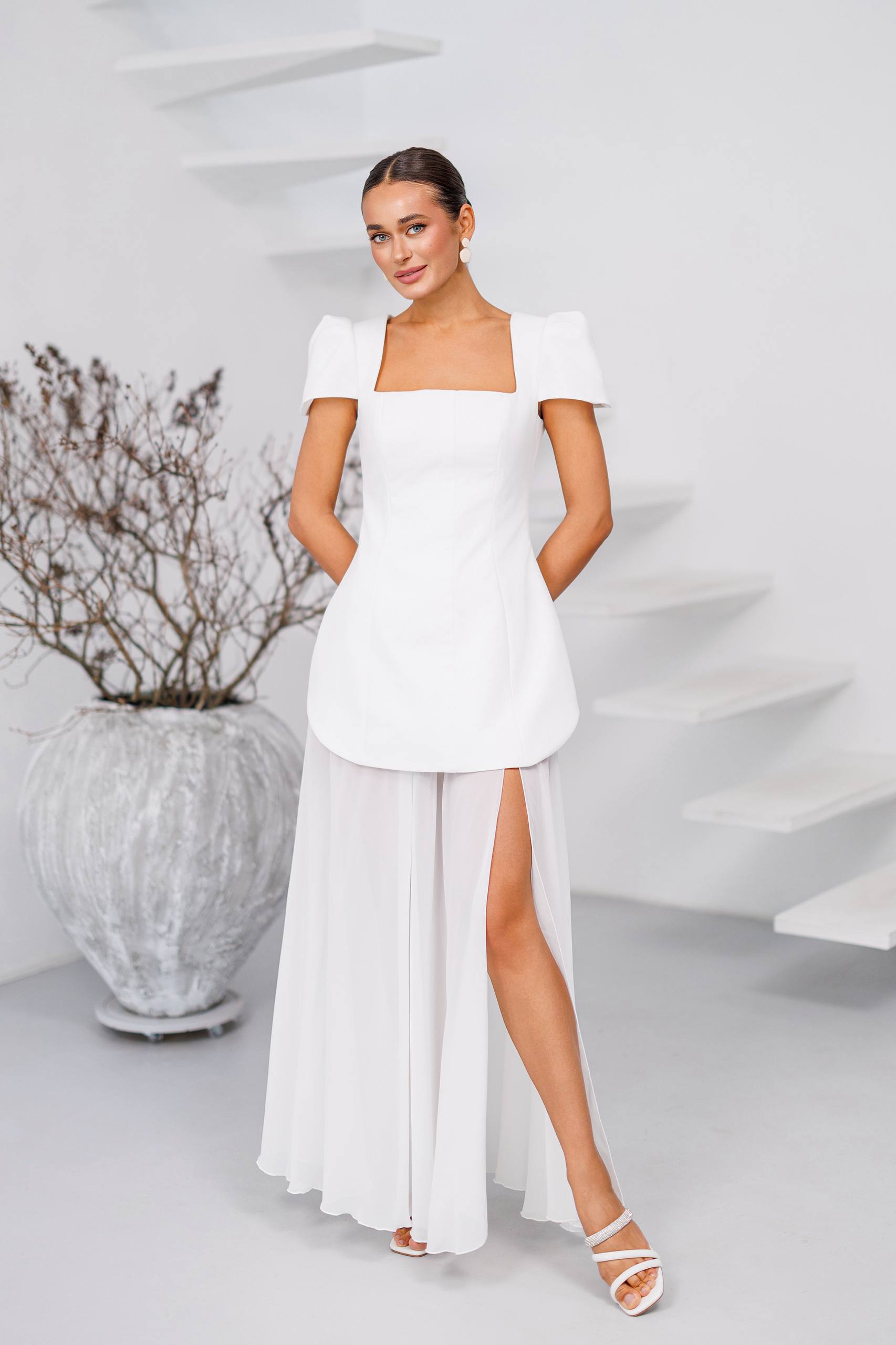 White Peplum Dress and Skirt Diagonal Crepe Top Premium Chiffon Skirt