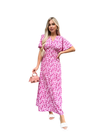 Lightweight Pink Floral Midi Dress for Summer Walks