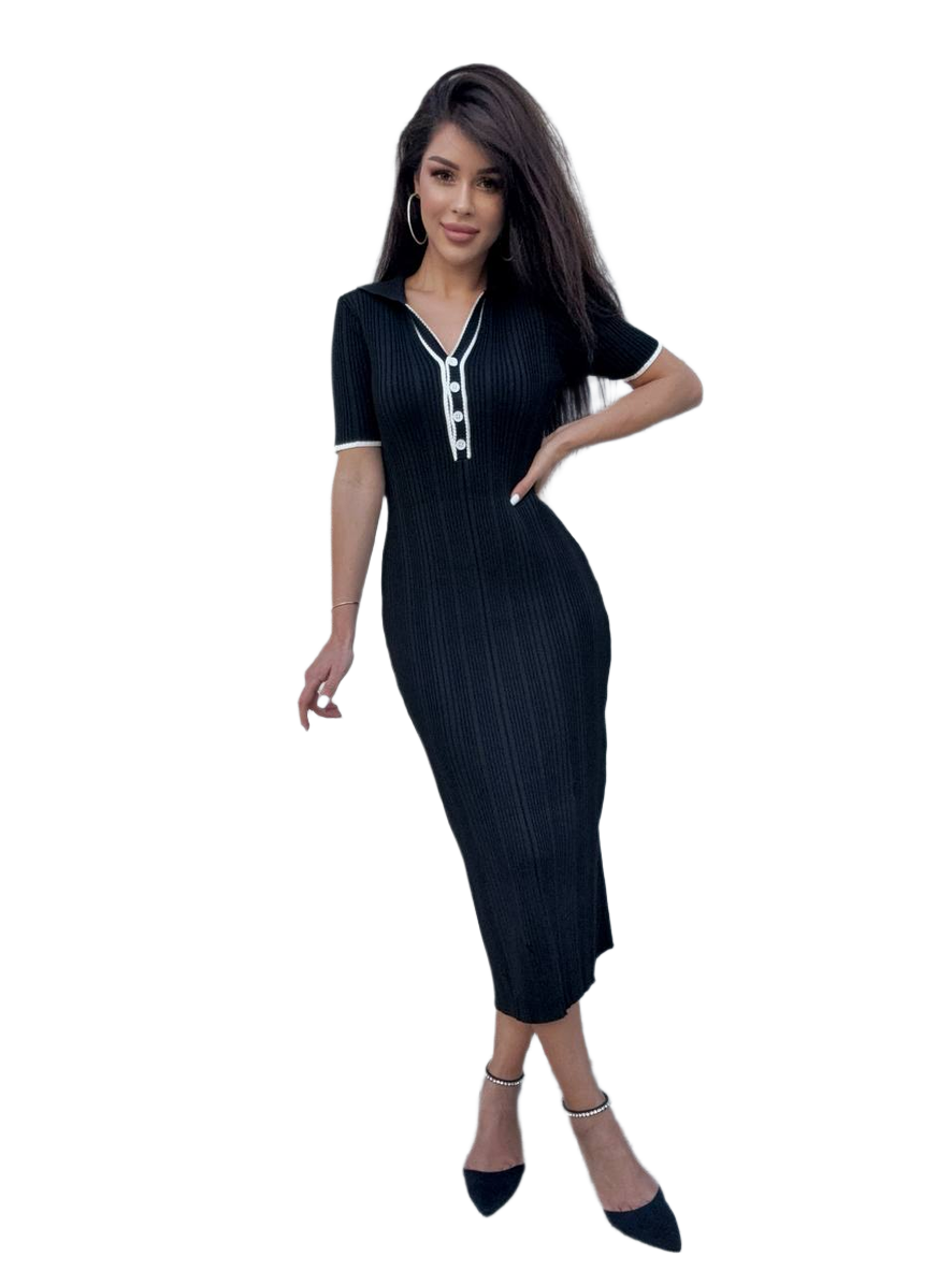 Cindy Women's Black Ribbed Knit Dress with Button Detail