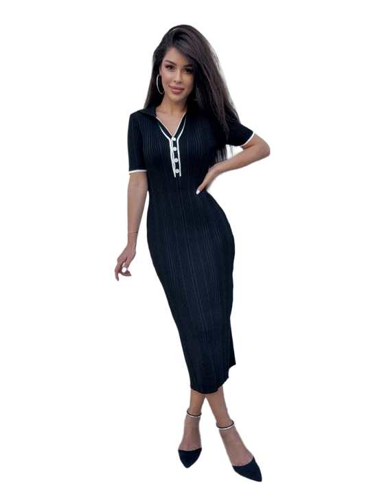 Cindy Women's Black Ribbed Knit Dress with Button Detail