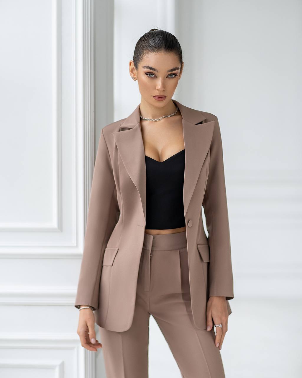 Elegant Womens Suit Jacket and Trousers Set in Soft Brown Crepe Diagonal