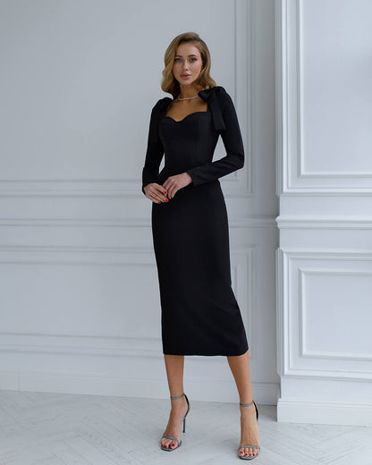 Elegant Black Diagonal Suit Crepe Midi Dress for Women