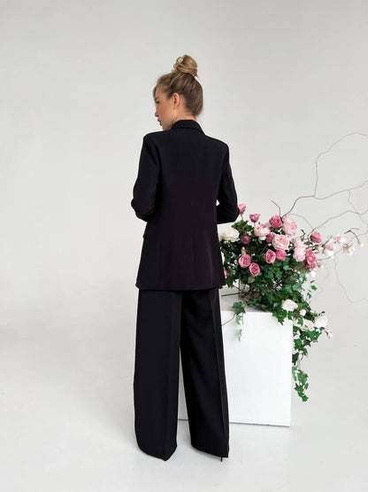 Black Palazzo Suit for Women Diagonal Crepe Tailored Wide Leg Pantsuit