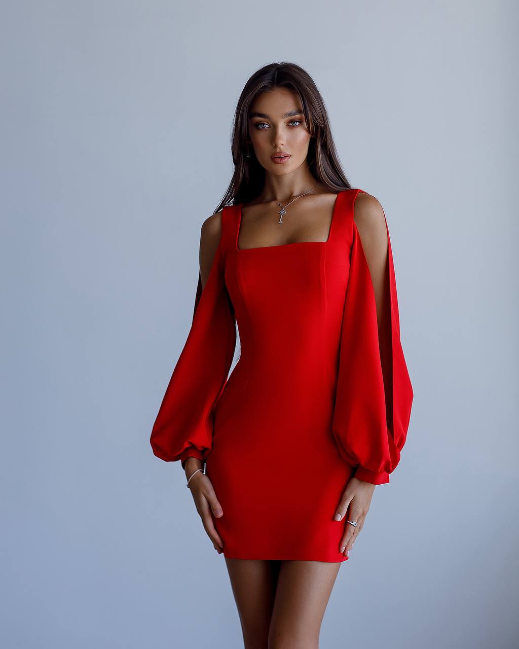Elegant Red Mini Dress with Balloon Sleeves for Women
