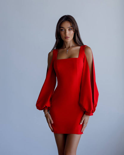 Elegant Red Mini Dress with Balloon Sleeves for Women