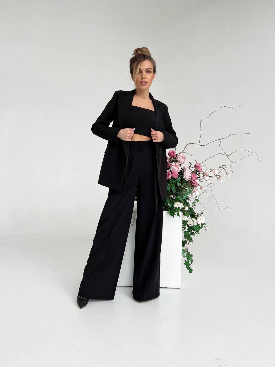 Black Palazzo Suit for Women Diagonal Crepe Tailored Wide Leg Pantsuit