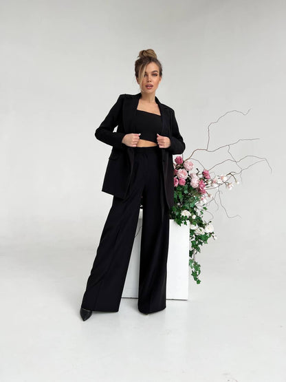 Black Palazzo Suit for Women Diagonal Crepe Tailored Wide Leg Pantsuit