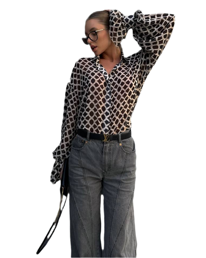 Lightweight Chiffon Blouse for Women Sheer Geometric Pattern