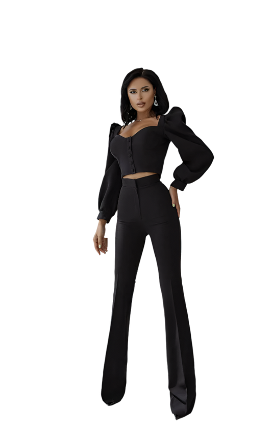 Womens Black Blouse and Trousers Suit Diagonal Crepe