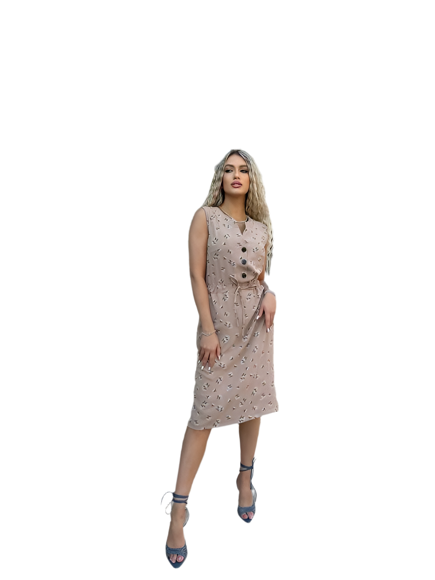 Sleeveless Knee-Length Dress with Waist Tie in American Crepe