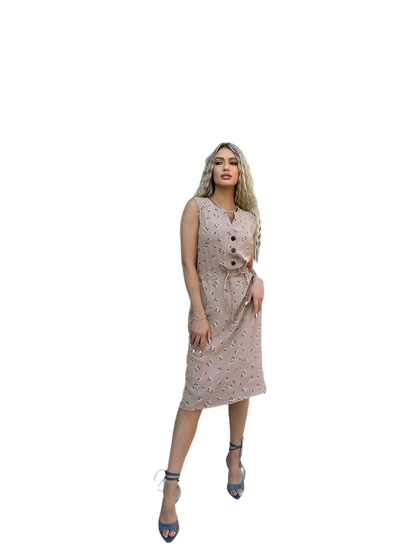 Sleeveless Knee-Length Dress with Waist Tie in American Crepe