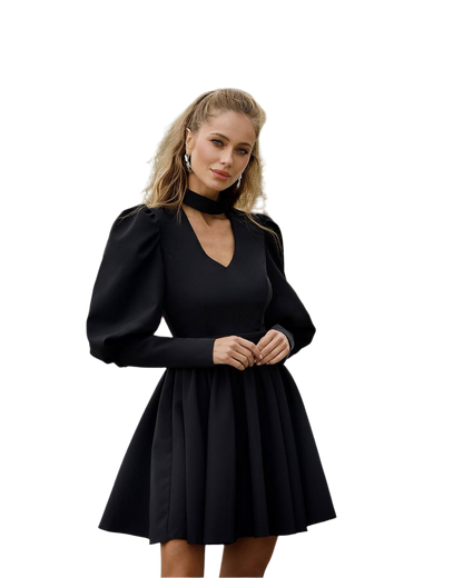 Elegant Black Mini Dress with Full Skirt and Puff Sleeves