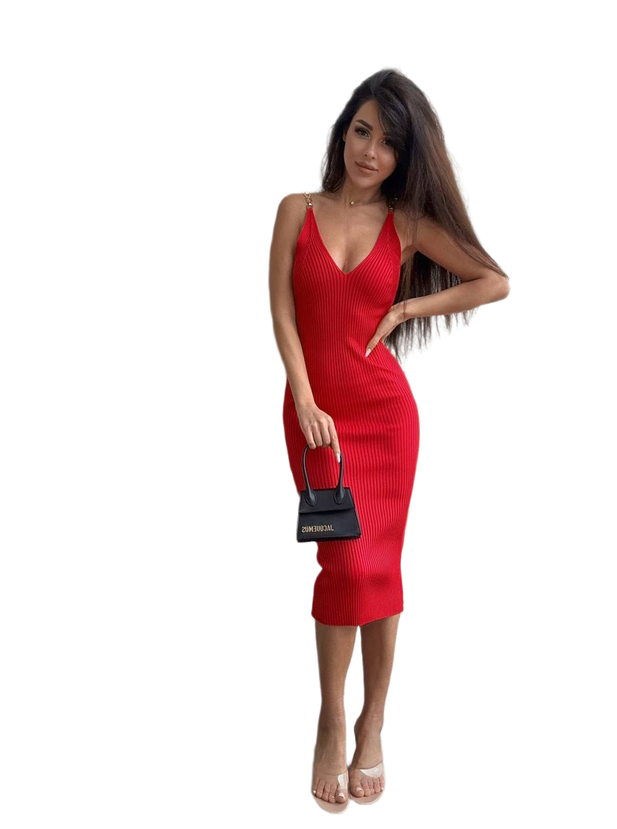 Woman wearing a red dress holding a black handbag on a white background