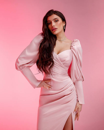 Elegant Pink Satin Midi Dress with Puff Sleeves and Side Slit