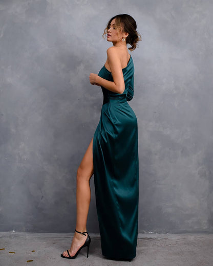 Elegant One Shoulder Maxi Dress in Premium Mango Satin