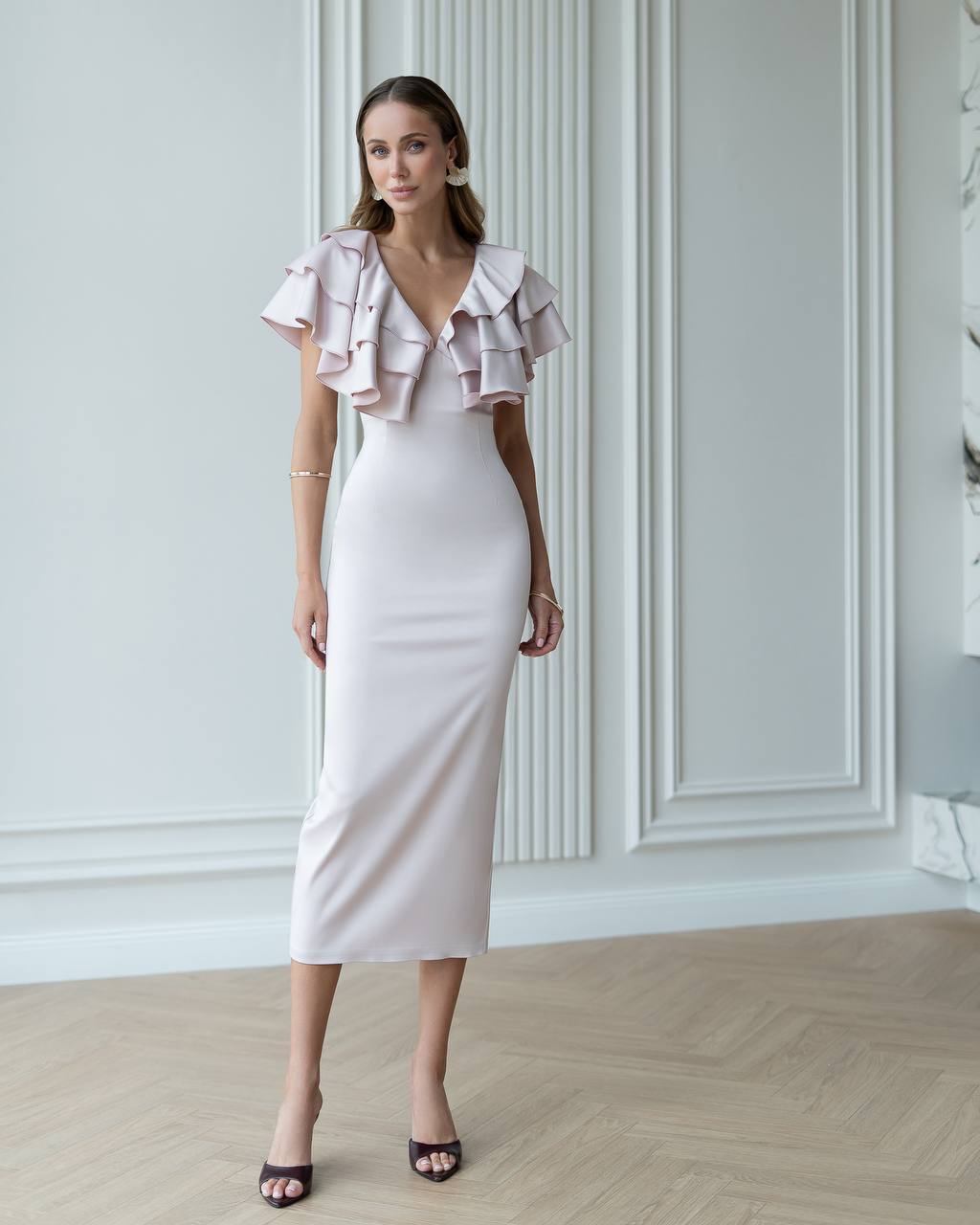 Elegant Midi Dress in Premium Mango Satin with Ruffle Details