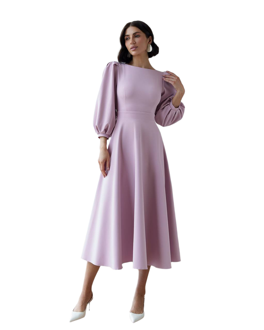 Elegant Midi Dress in Premium Diagonal Suiting Crepe with Puff Sleeves and Back Cutout
