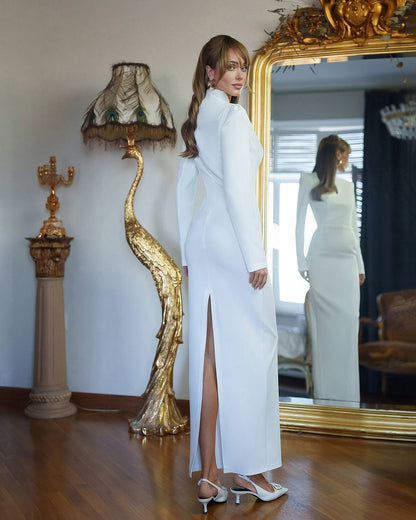 Elegant White Midi Dress for Women Premium Suit Crepe Diagonal