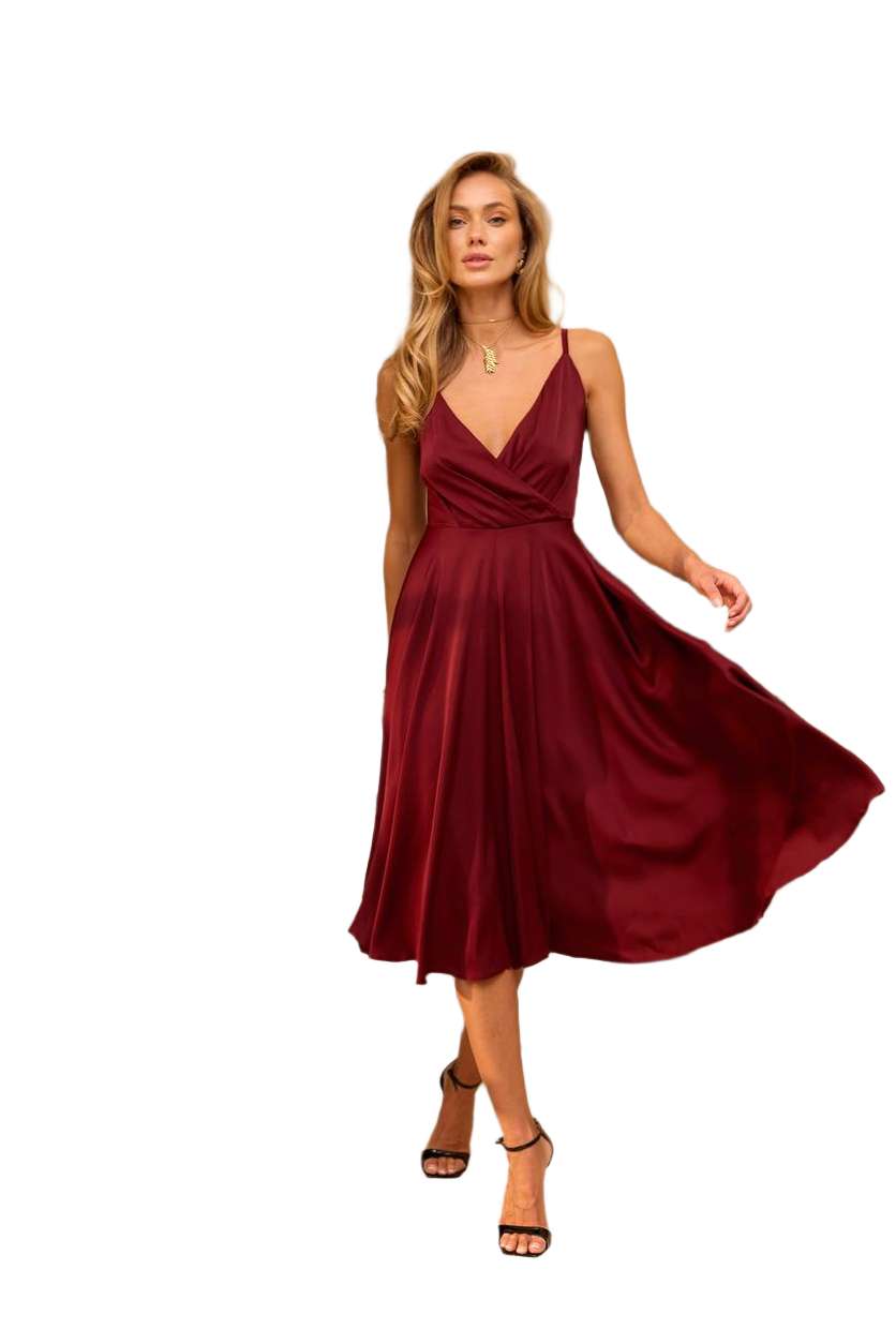 Esmeralda Women's Burgundy Satin A-Line Dress with Adjustable Straps