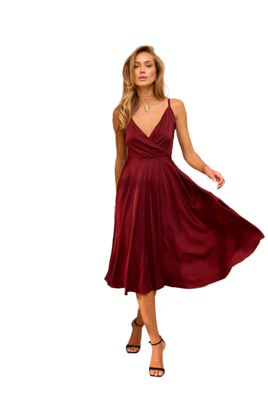 Esmeralda Women's Burgundy Satin A-Line Dress with Adjustable Straps