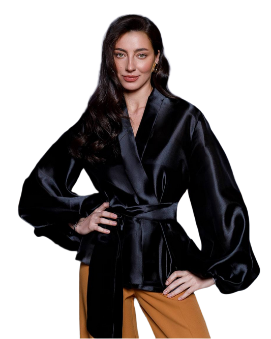 Womens Black Premium Organza Blouse Tunic with Tie Waist