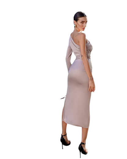 Asymmetric One Sleeve Midi Dress in Light Beige Satin