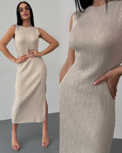 Sleeveless Beige Textured Midi Dress with Side Slit for Women