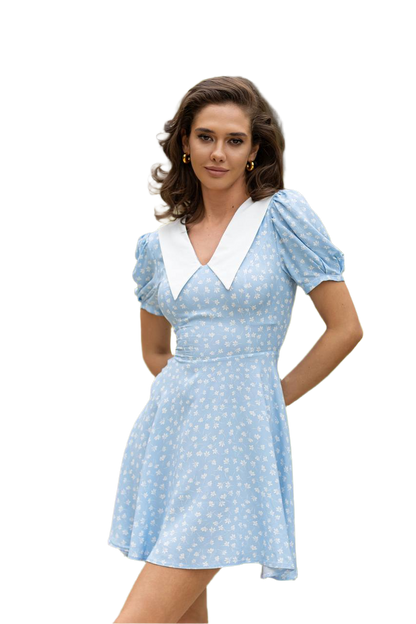 Womens Blue Floral Dress with White Collar Crepe Silk Elements