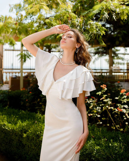 Elegant Midi Dress in Premium Mango Satin with Ruffle Details
